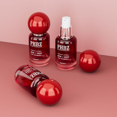 30 ml / 1 oz lege rode hellingsglas cosmetische serumfles met ronde bolkap, aangepaste kleur OEM ODM huidverzorging verpakking voor lotion essentiële olie