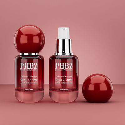 30 ml / 1 oz lege rode hellingsglas cosmetische serumfles met ronde bolkap, aangepaste kleur OEM ODM huidverzorging verpakking voor lotion essentiële olie
