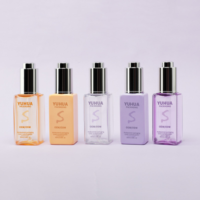 Vierkante serumdruppelflessen met zijde-scherm/warm stempelen/etiketterend drukwerk in heldergroen, blauw of wit