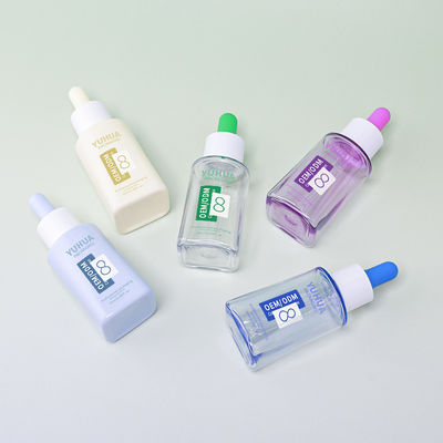 Aangepaste logo 50ml PET vierkante serum druppelfles met rubberen dop