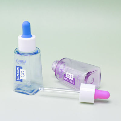 Aangepaste logo 50ml PET vierkante serum druppelfles met rubberen dop